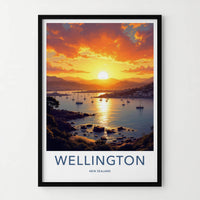 Wellington Poster - New Zealand Travel Art - Sunset Harbor Sailboats Home Decor