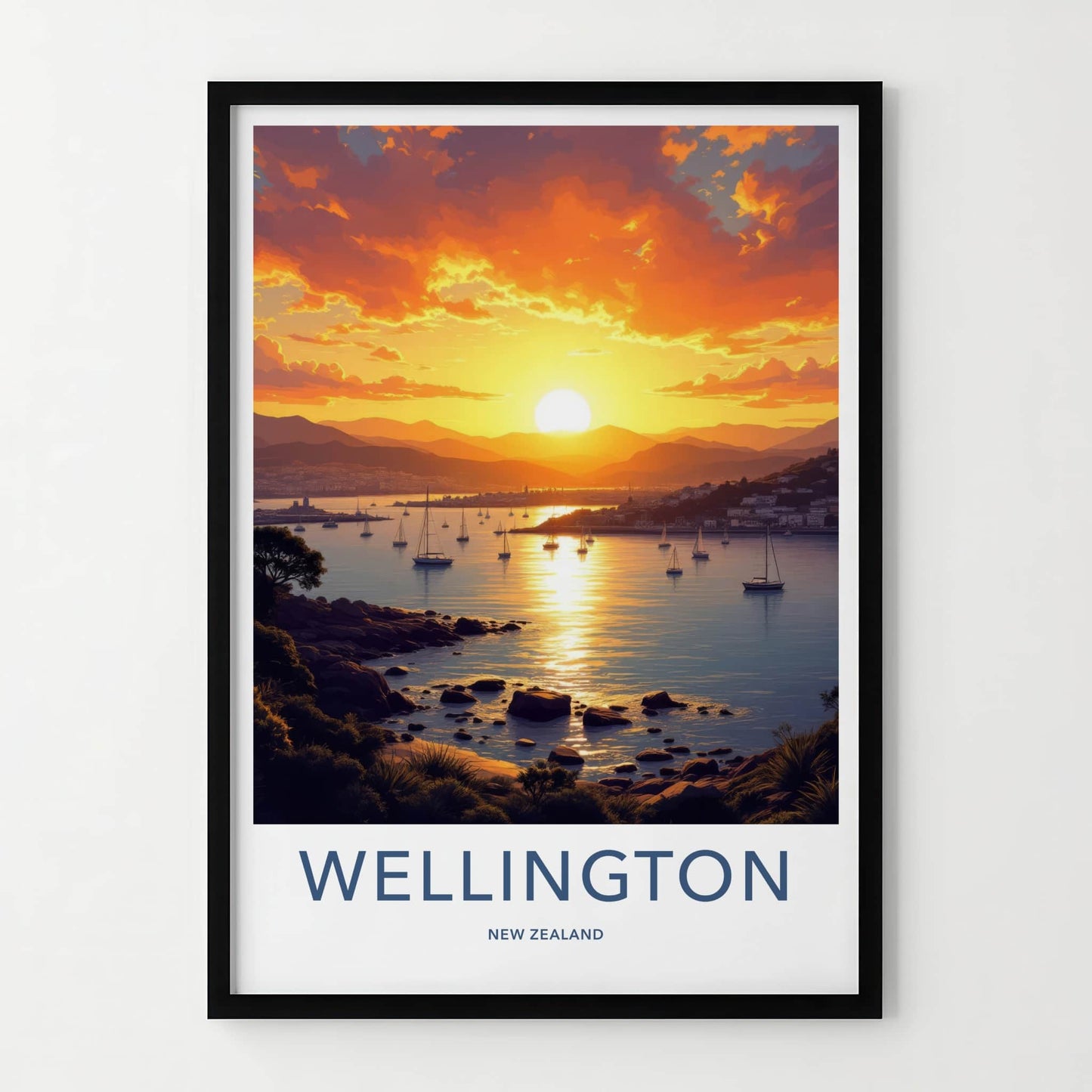 Wellington Poster - New Zealand Travel Art - Sunset Harbor Sailboats Home Decor