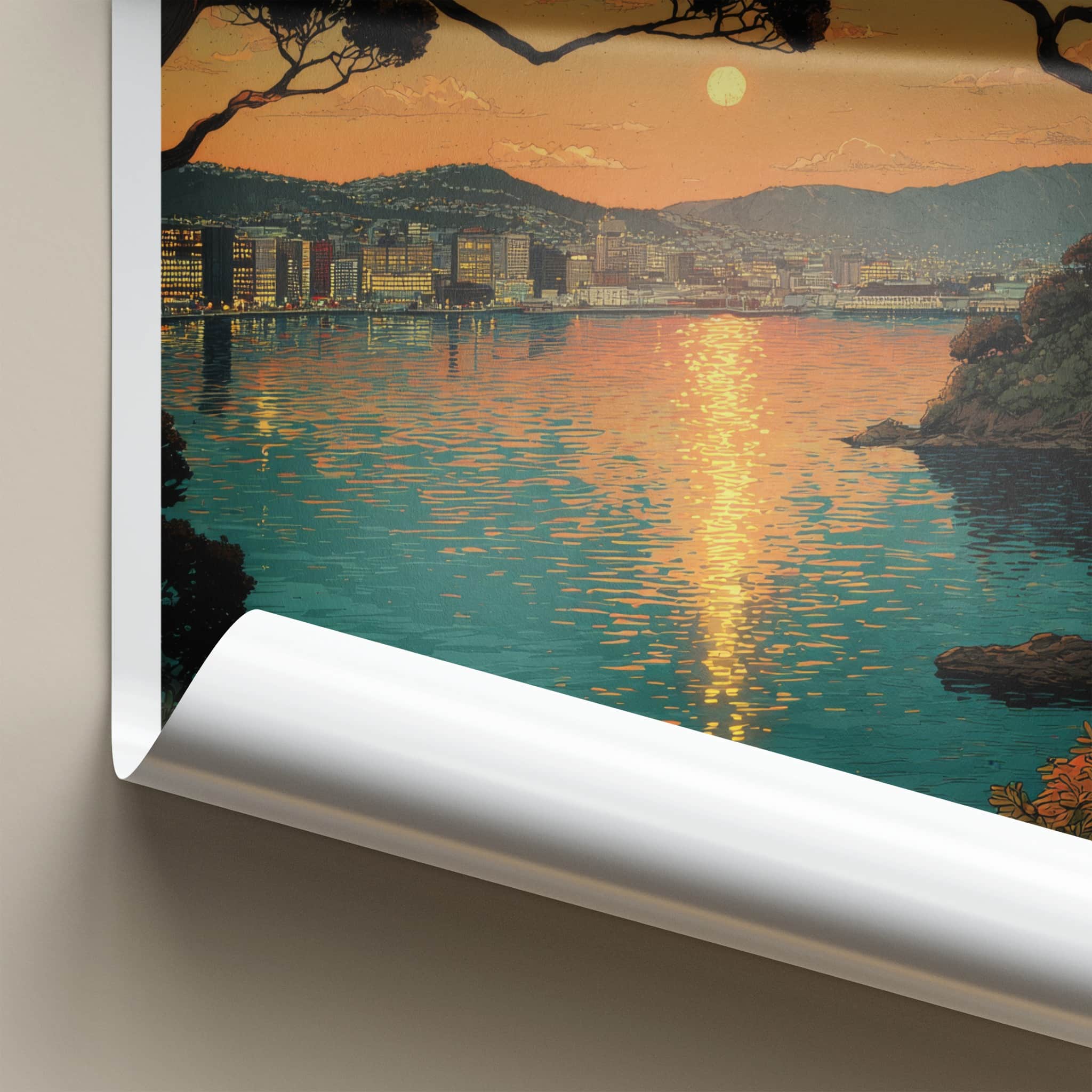 Wellington Poster - New Zealand Travel Art - Vibrant Sunset Waterscape Home Decor