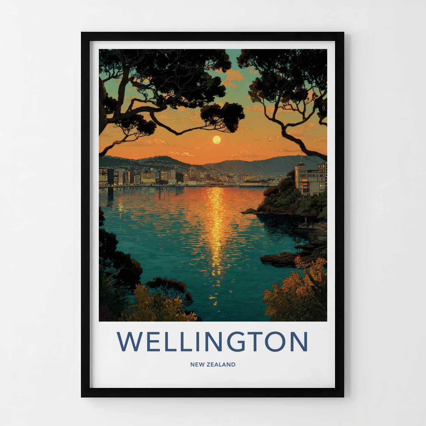 Wellington Poster - New Zealand Travel Art - Vibrant Sunset Waterscape Home Decor