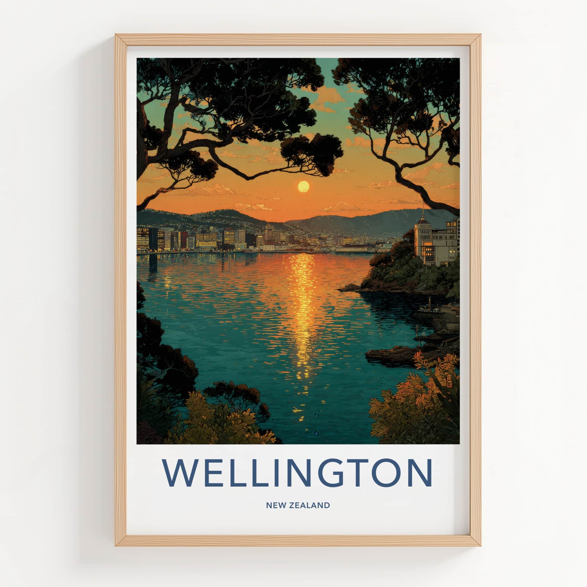 Wellington Poster - New Zealand Travel Art - Vibrant Sunset Waterscape Home Decor