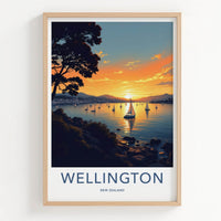 Wellington Poster - New Zealand Travel Print - Golden Hour Sailboats Home Decor