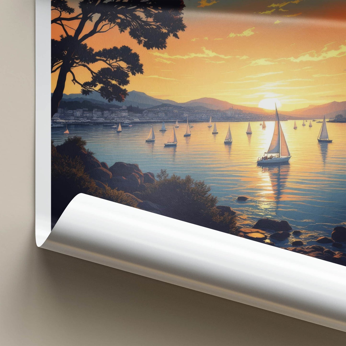 Wellington Poster - New Zealand Travel Print - Golden Hour Sailboats Home Decor