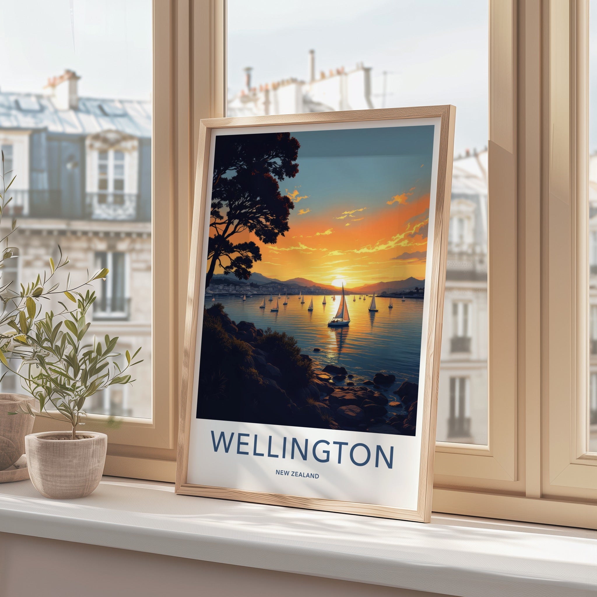 Wellington Poster - New Zealand Travel Print - Golden Hour Sailboats Home Decor
