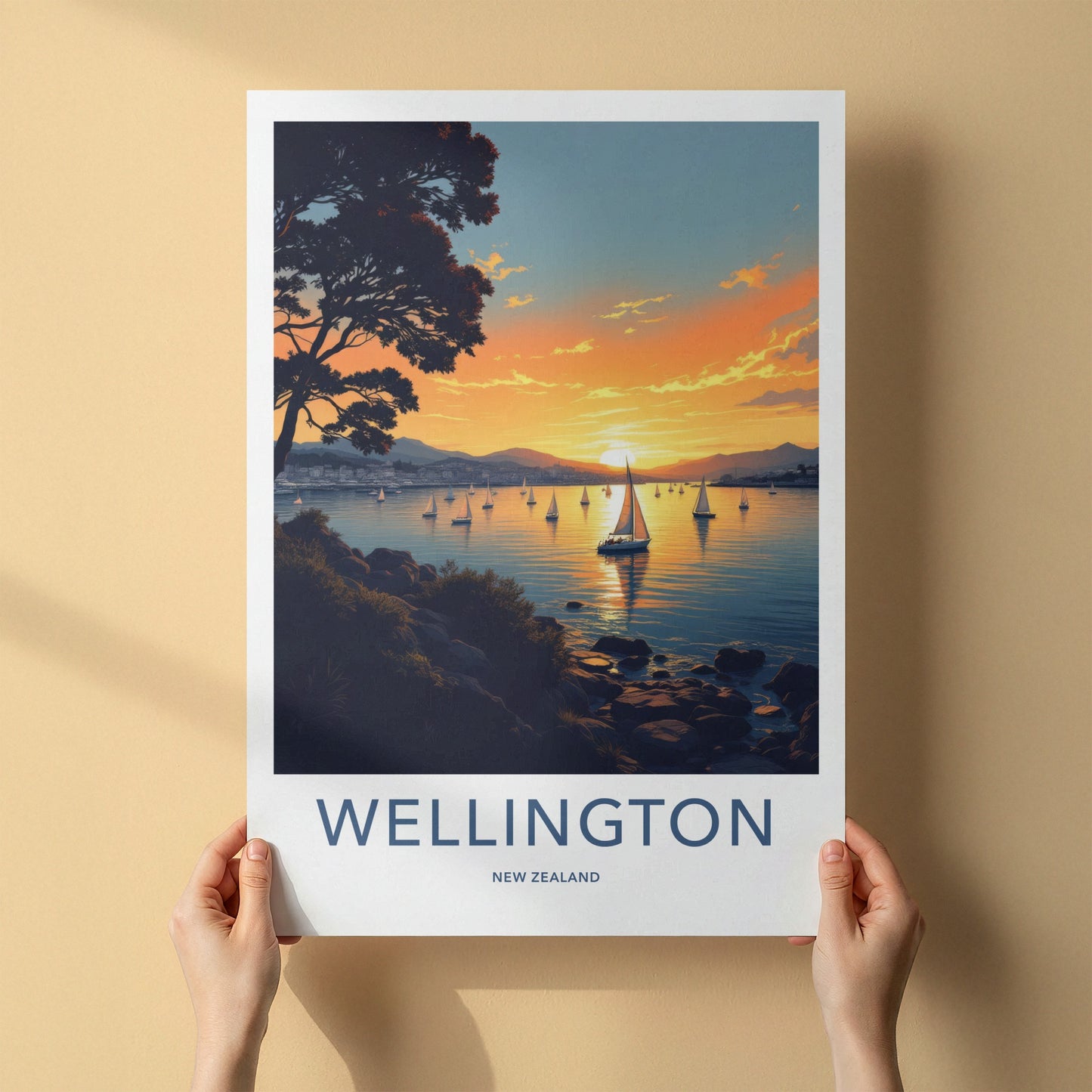 Wellington Poster - New Zealand Travel Print - Golden Hour Sailboats Home Decor