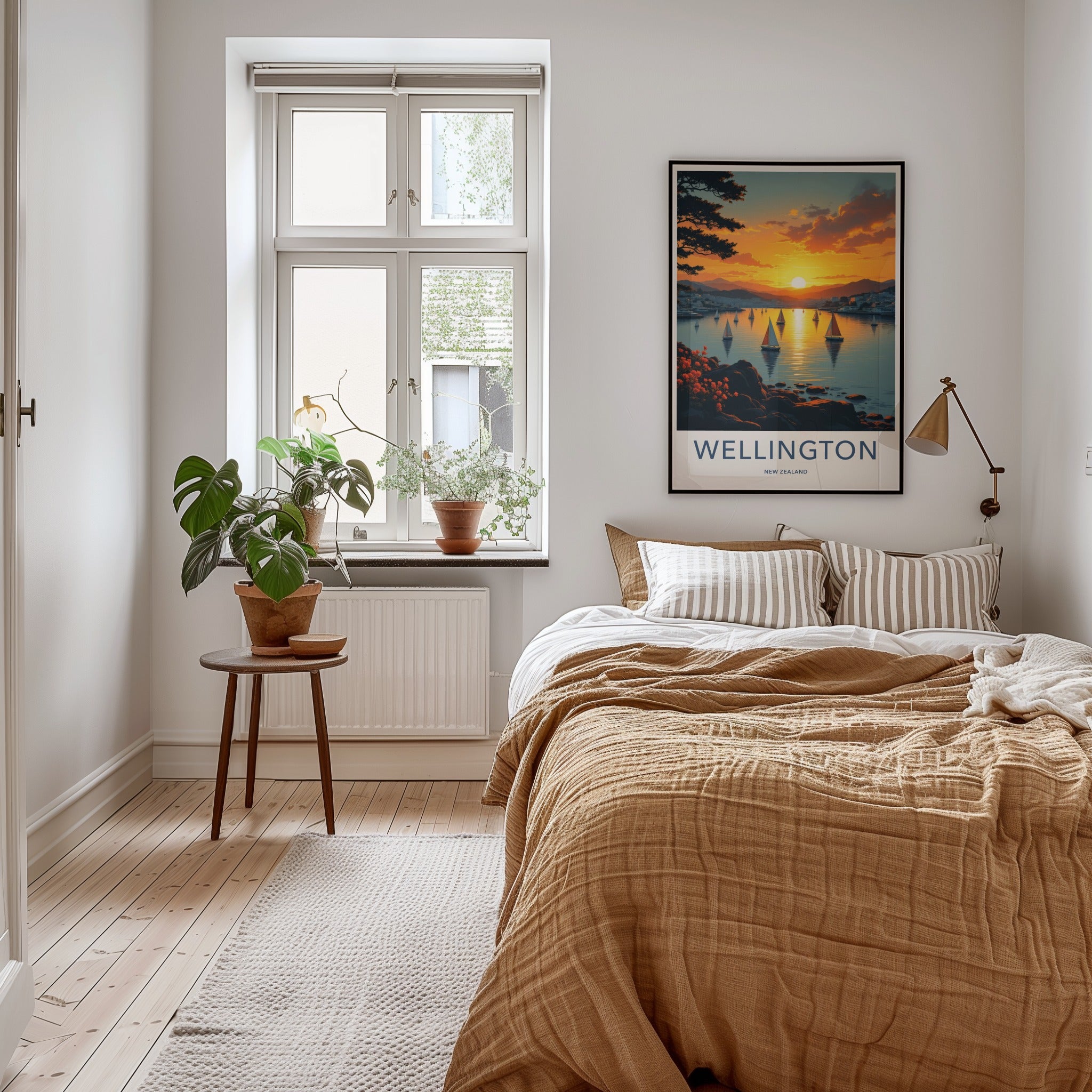 Wellington Poster - New Zealand Travel Print - Golden Sunset Sailboats Wall Decor