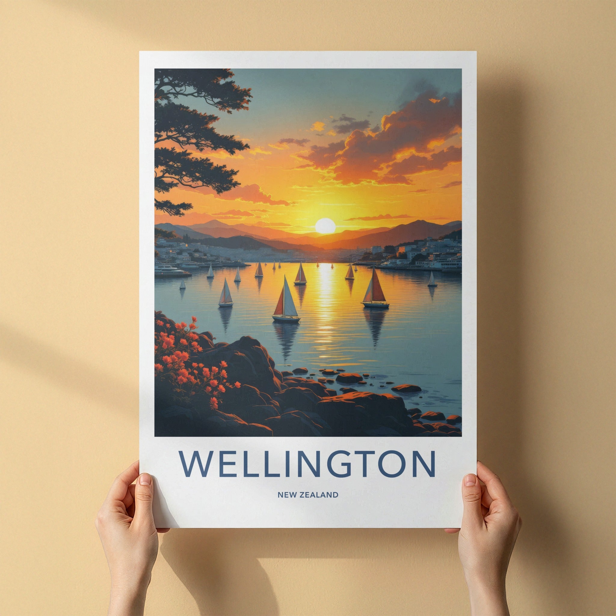 Wellington Poster - New Zealand Travel Print - Golden Sunset Sailboats Wall Decor
