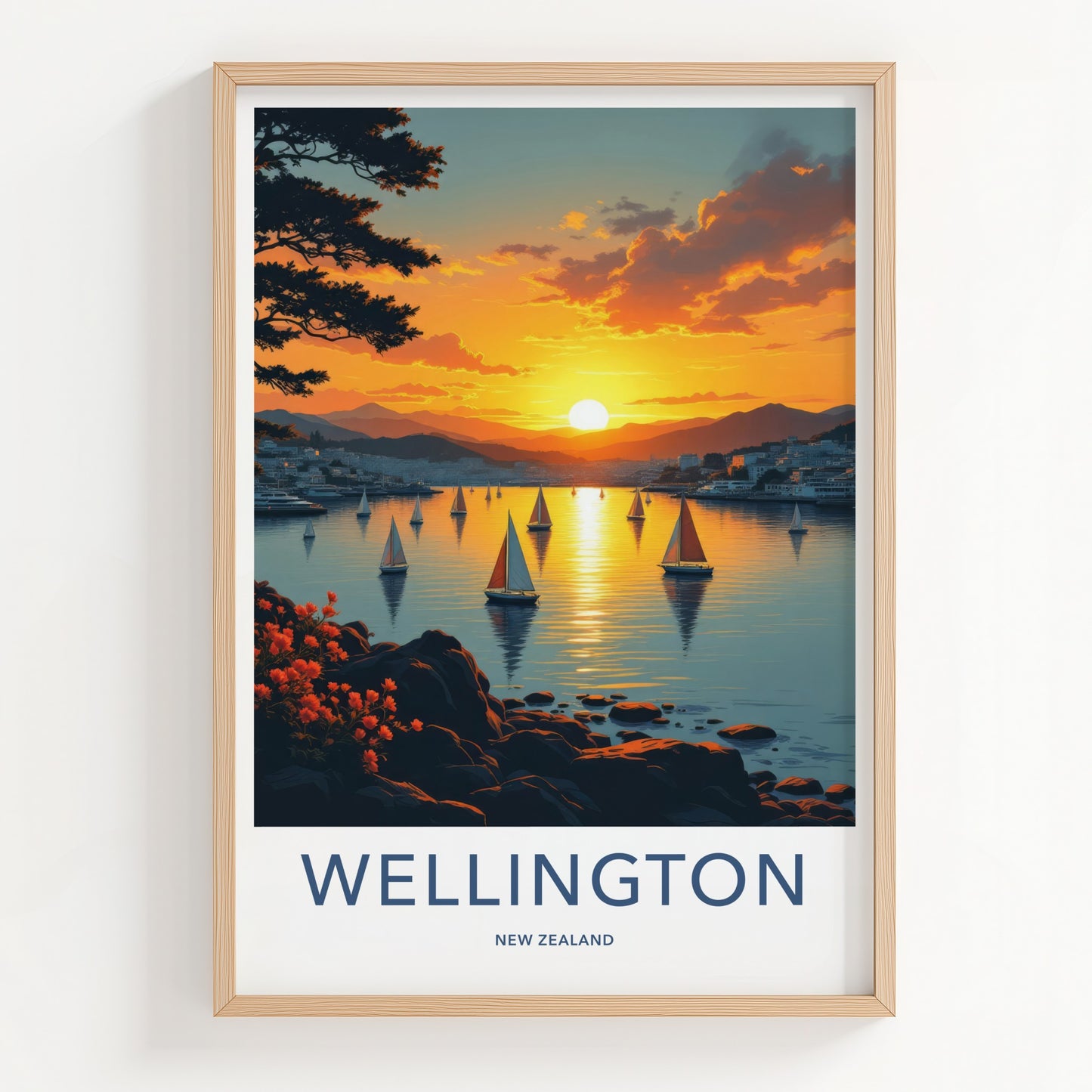 Wellington Poster - New Zealand Travel Print - Golden Sunset Sailboats Wall Decor