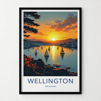 Wellington Poster - New Zealand Travel Print - Golden Sunset Sailboats Wall Decor