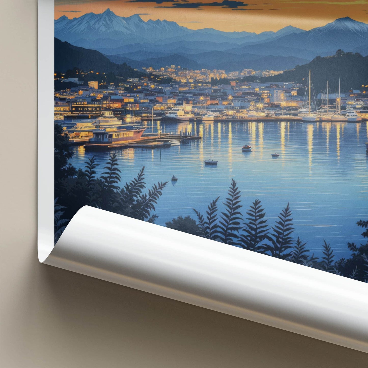 Wellington Poster - New Zealand Travel Print - Twilight Harbor Lights Home Decor