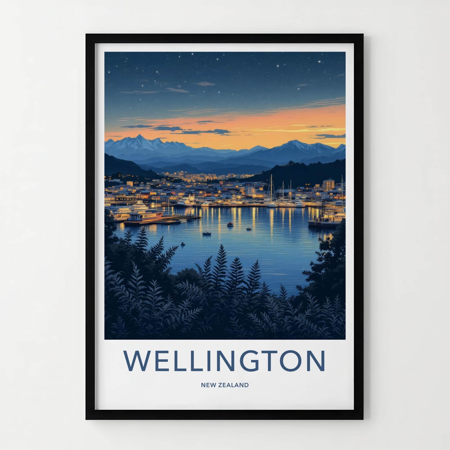 Wellington Poster - New Zealand Travel Print - Twilight Harbor Lights Home Decor