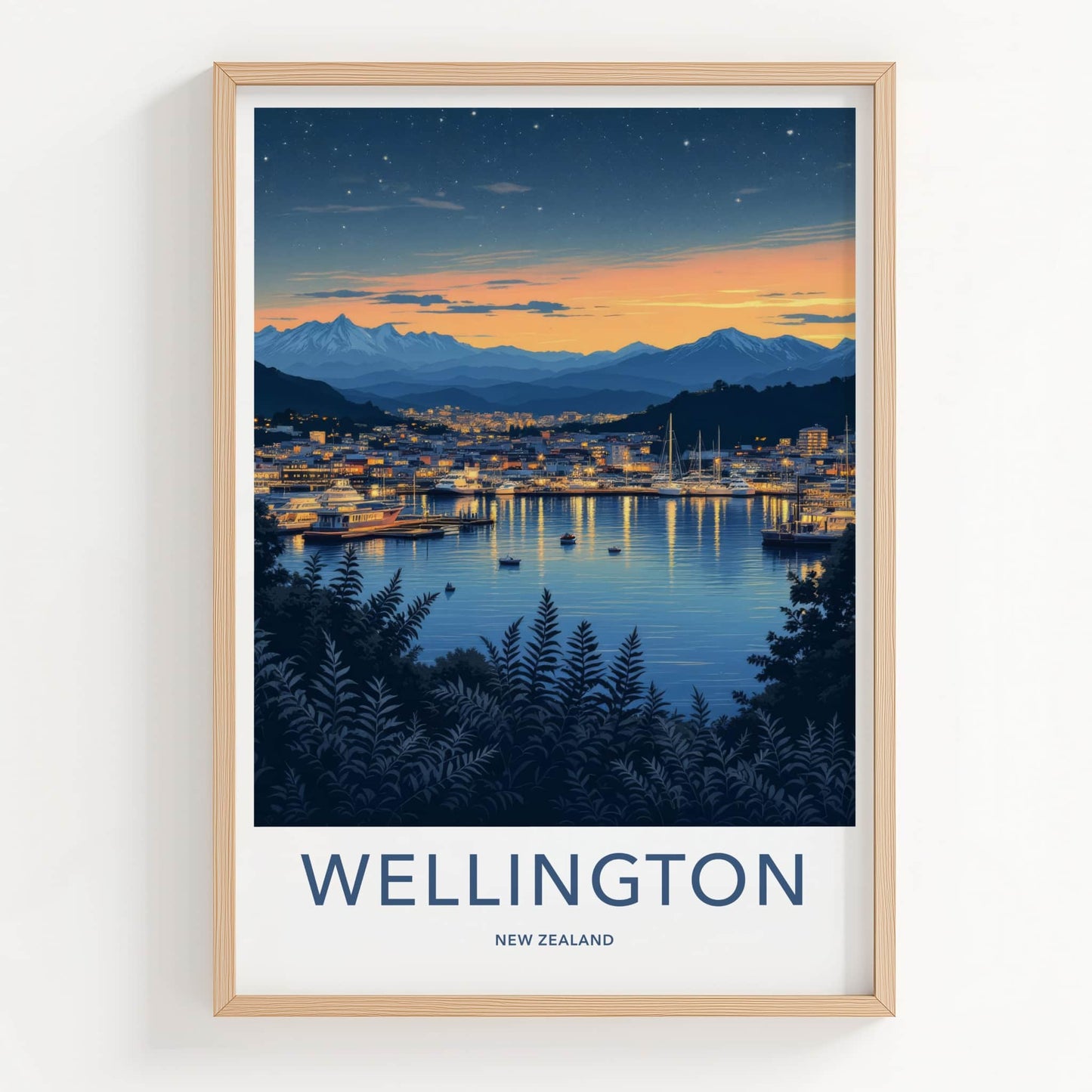 Wellington Poster - New Zealand Travel Print - Twilight Harbor Lights Home Decor