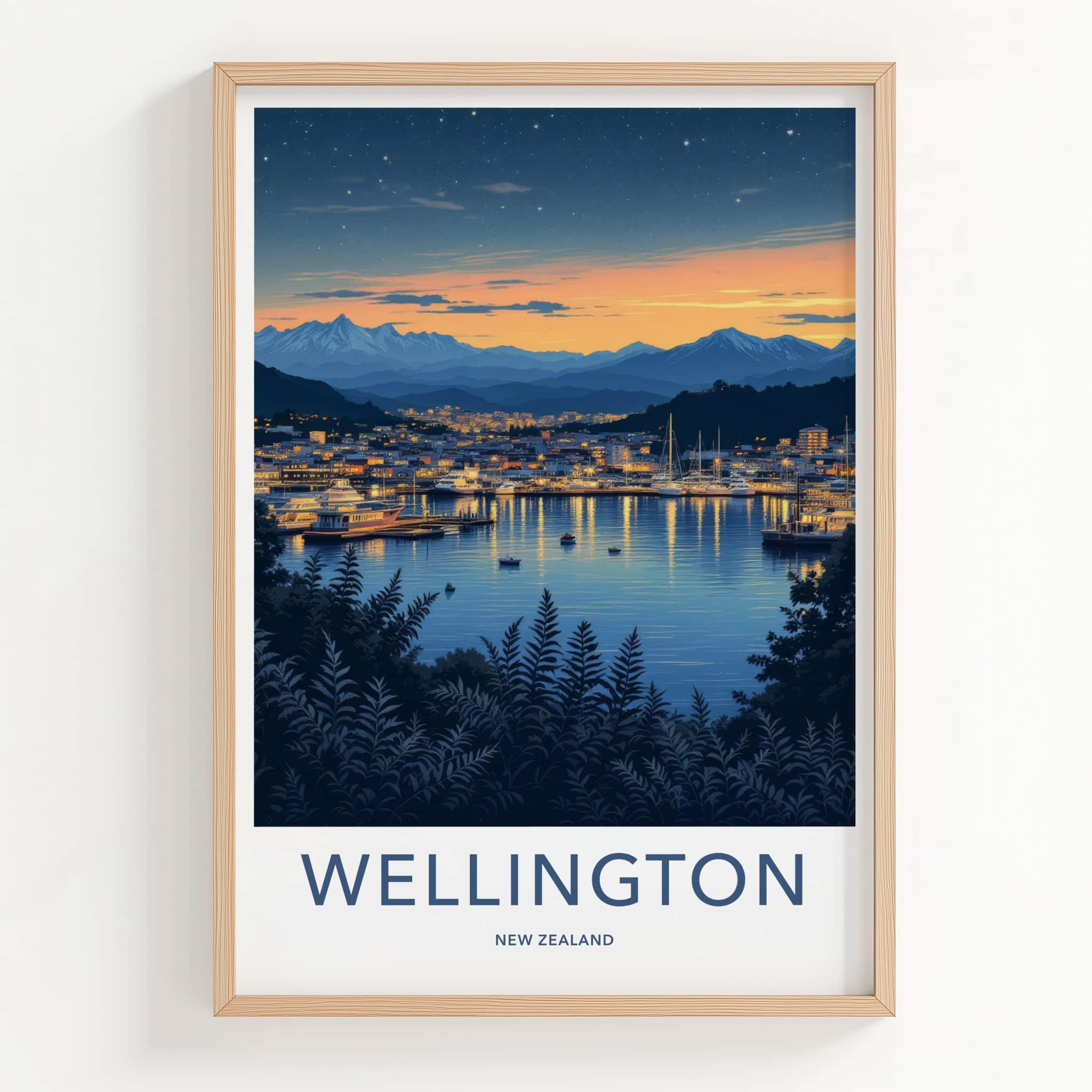 Wellington Poster - New Zealand Travel Print - Twilight Harbor Lights Home Decor
