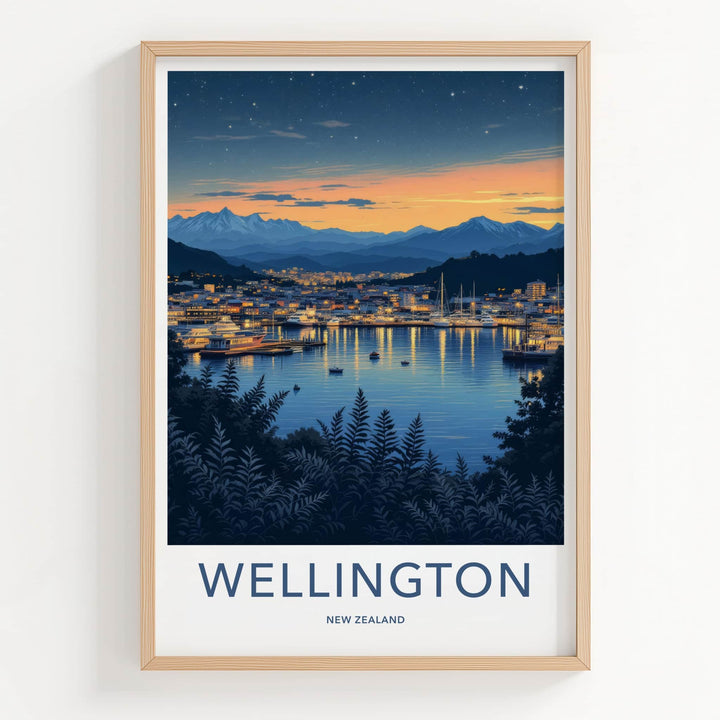 Wellington Poster - New Zealand Travel Print - Twilight Harbor Lights Home Decor