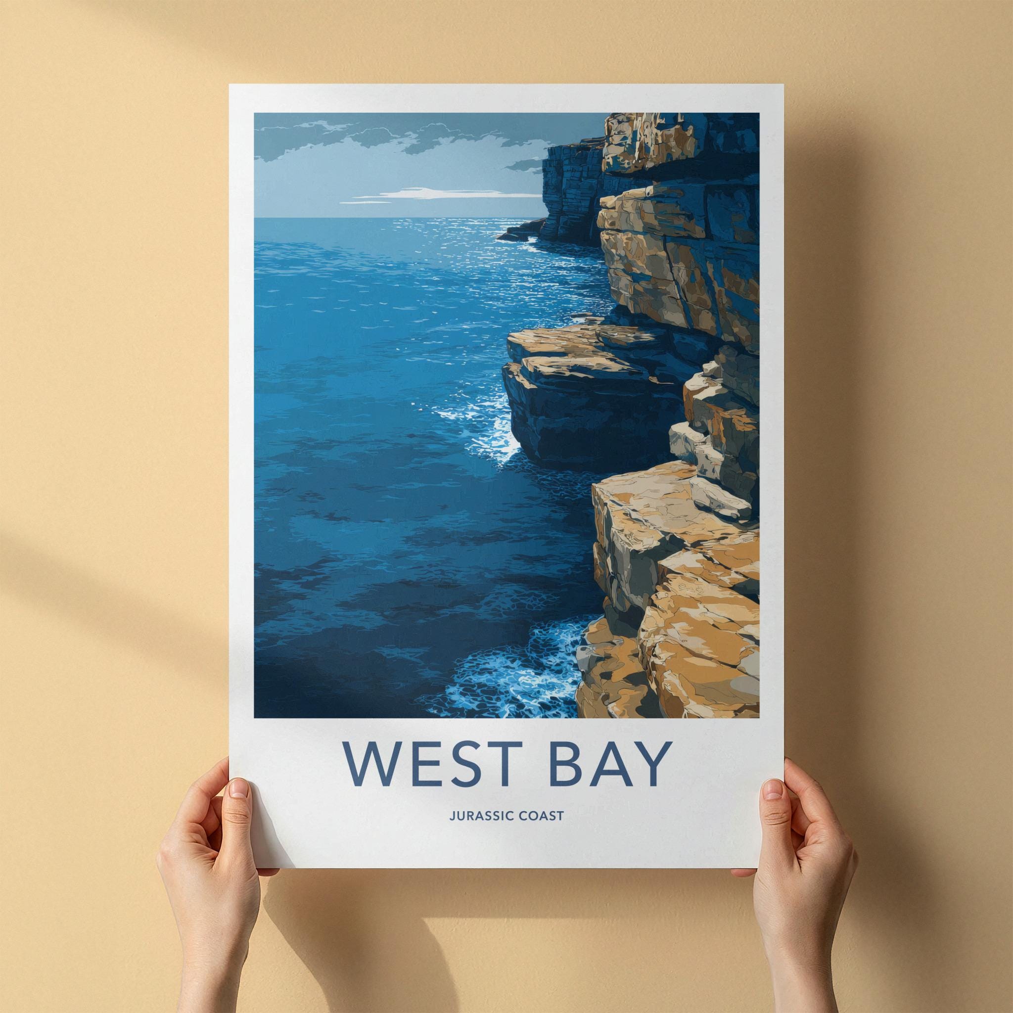 West Bay Poster - England Travel Art - Rugged Cliff Ocean Home Decor