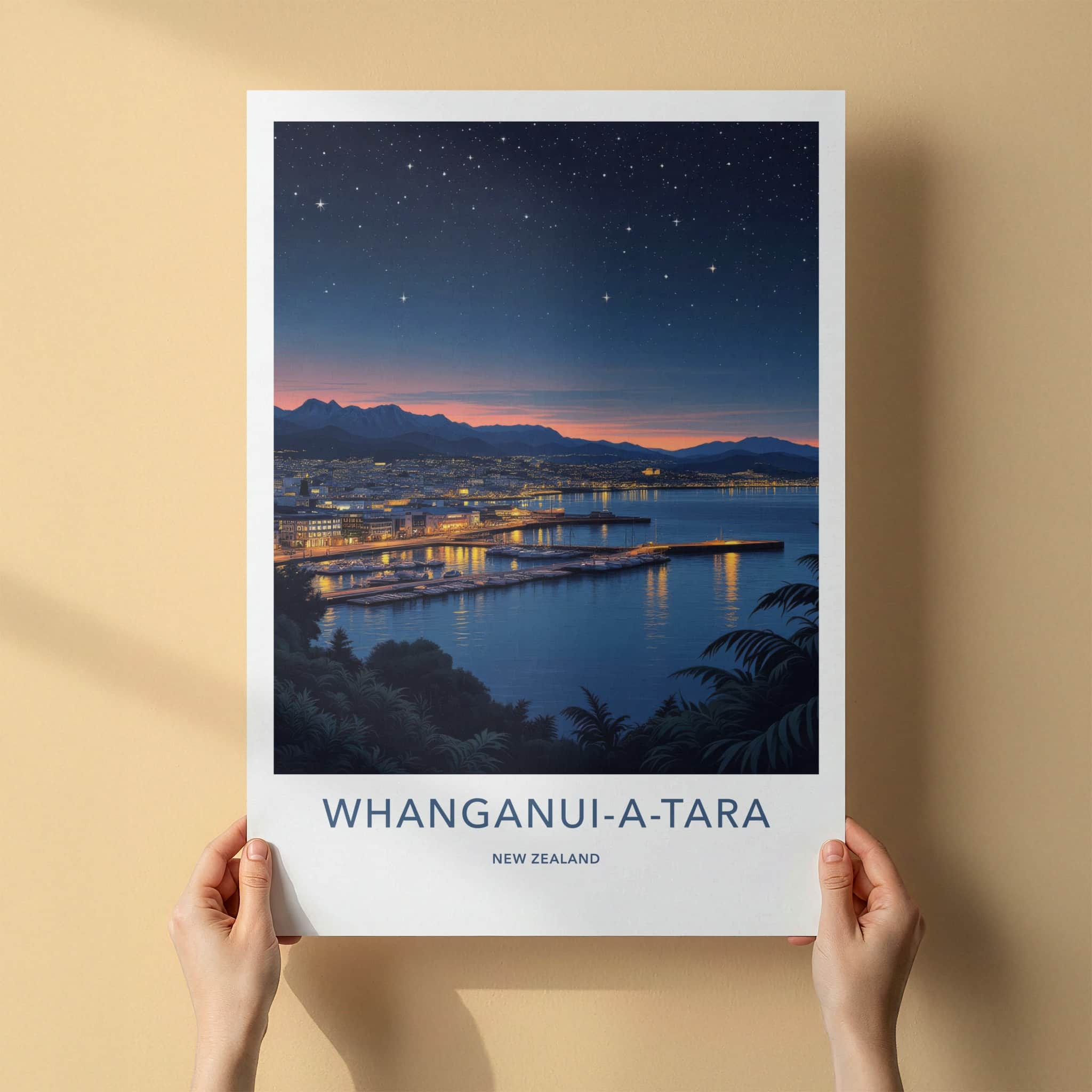 Whanganui-a-Tara Poster - New Zealand Travel Art - Dusk Harbor Cityscape Home Decor