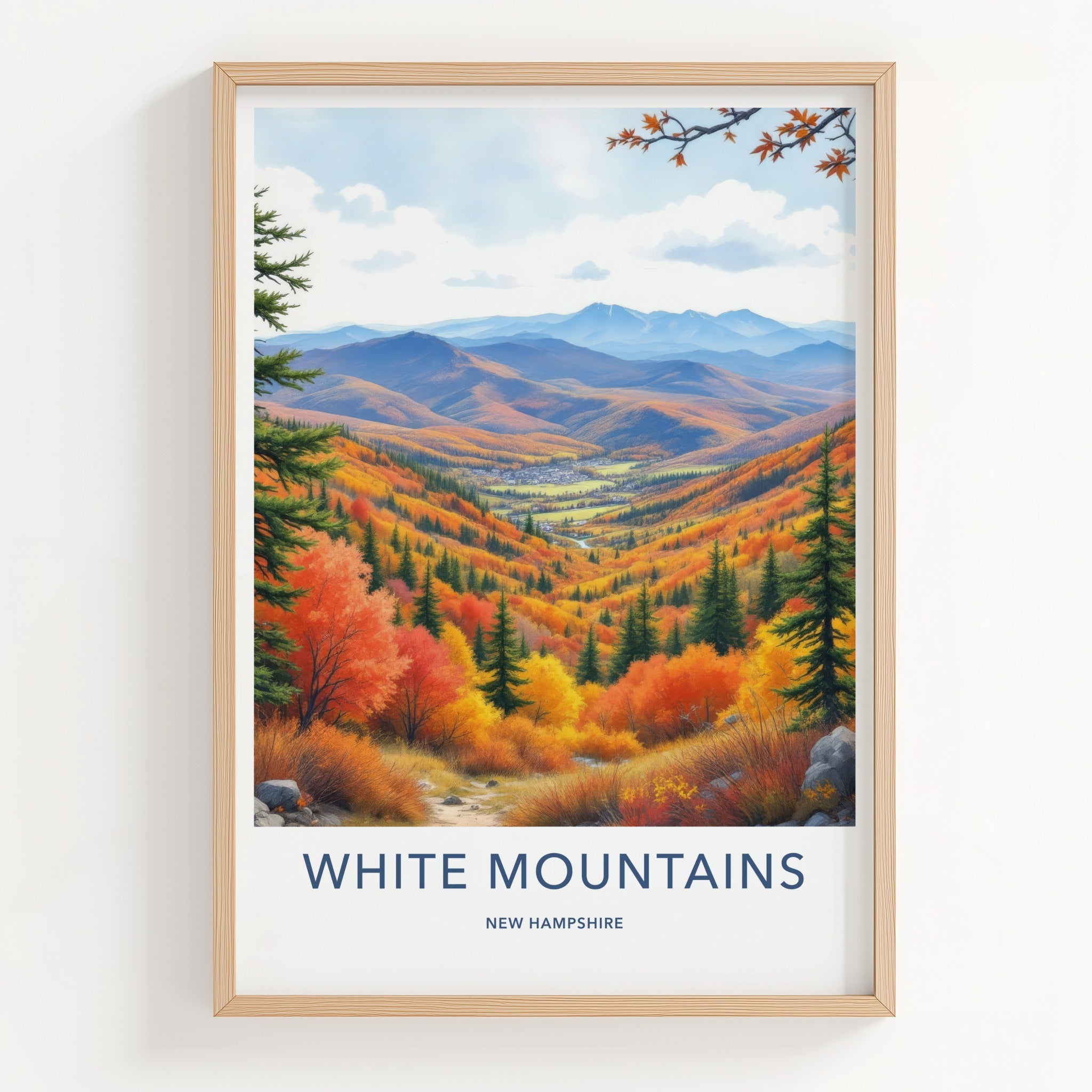 White Mountains Poster - New Hampshire Travel Art - Autumn Valley Village Home Decor