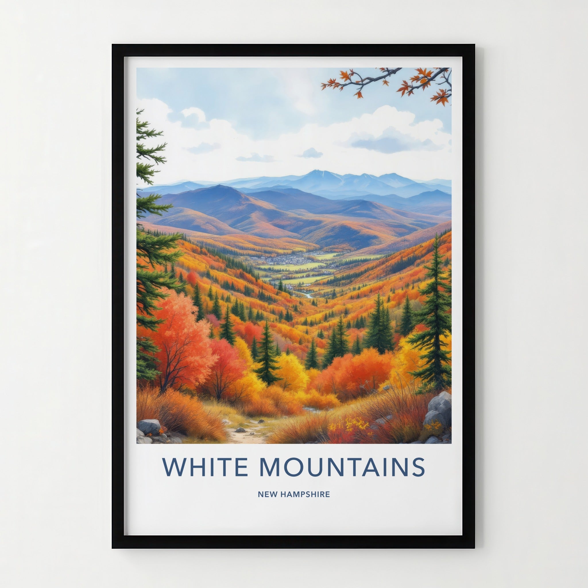 White Mountains Poster - New Hampshire Travel Art - Autumn Valley Village Home Decor