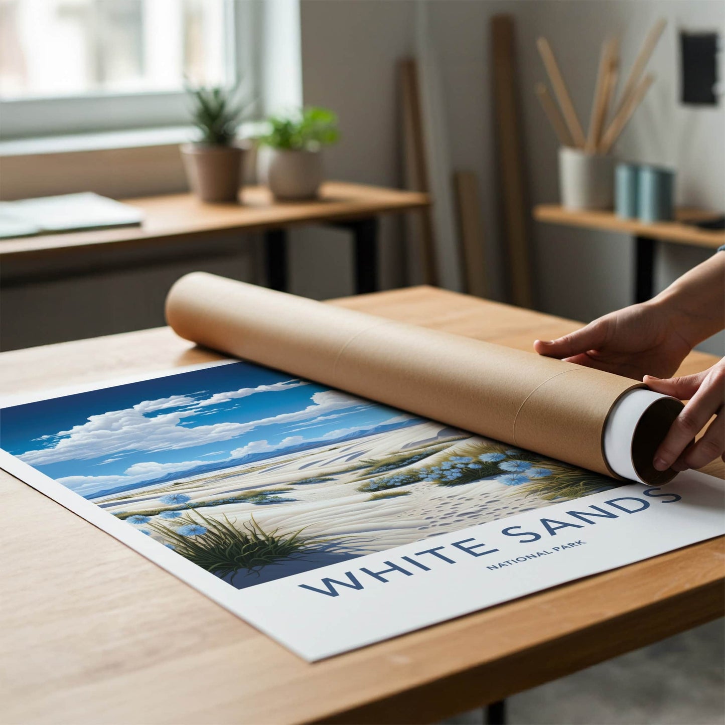 White Sands National Park Poster - New Mexico Travel Art - Dunes Blue Flowers Home Decor