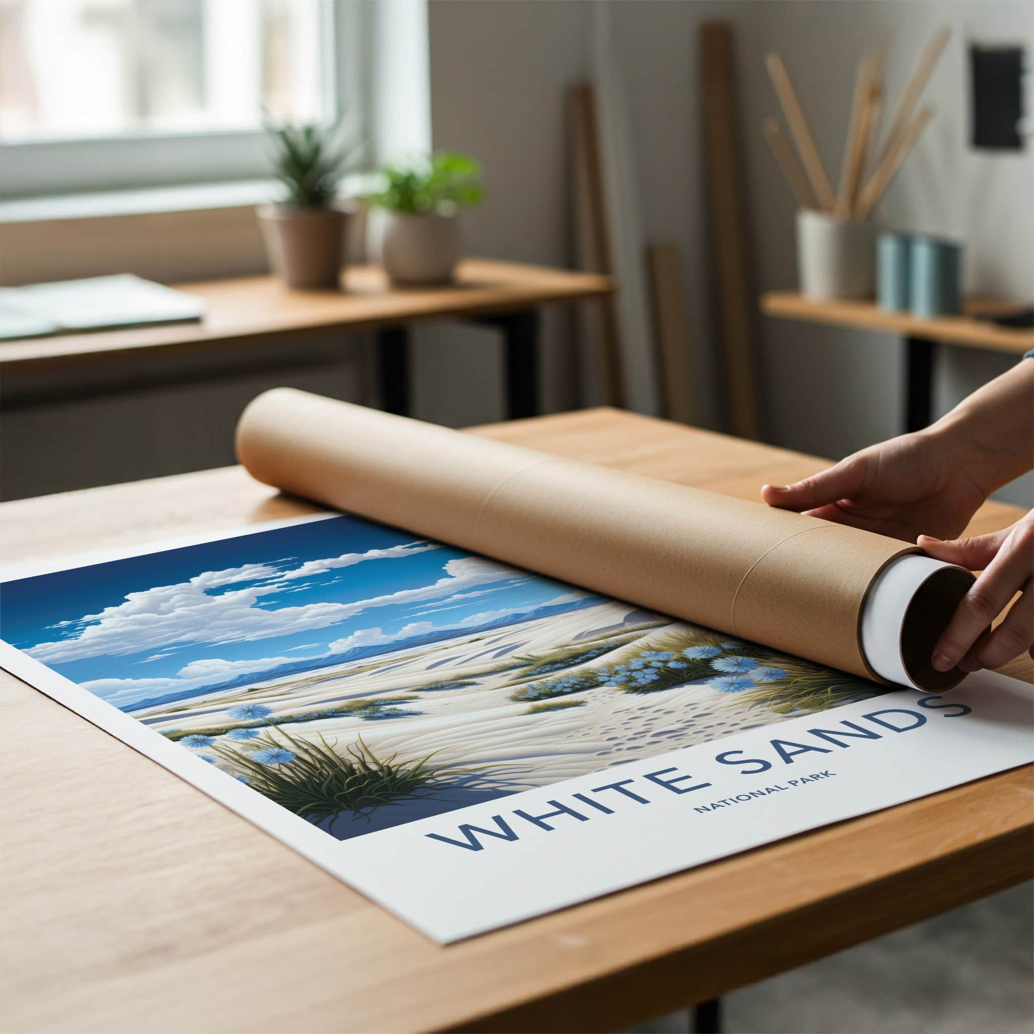 White Sands National Park Poster - New Mexico Travel Art - Dunes Blue Flowers Home Decor