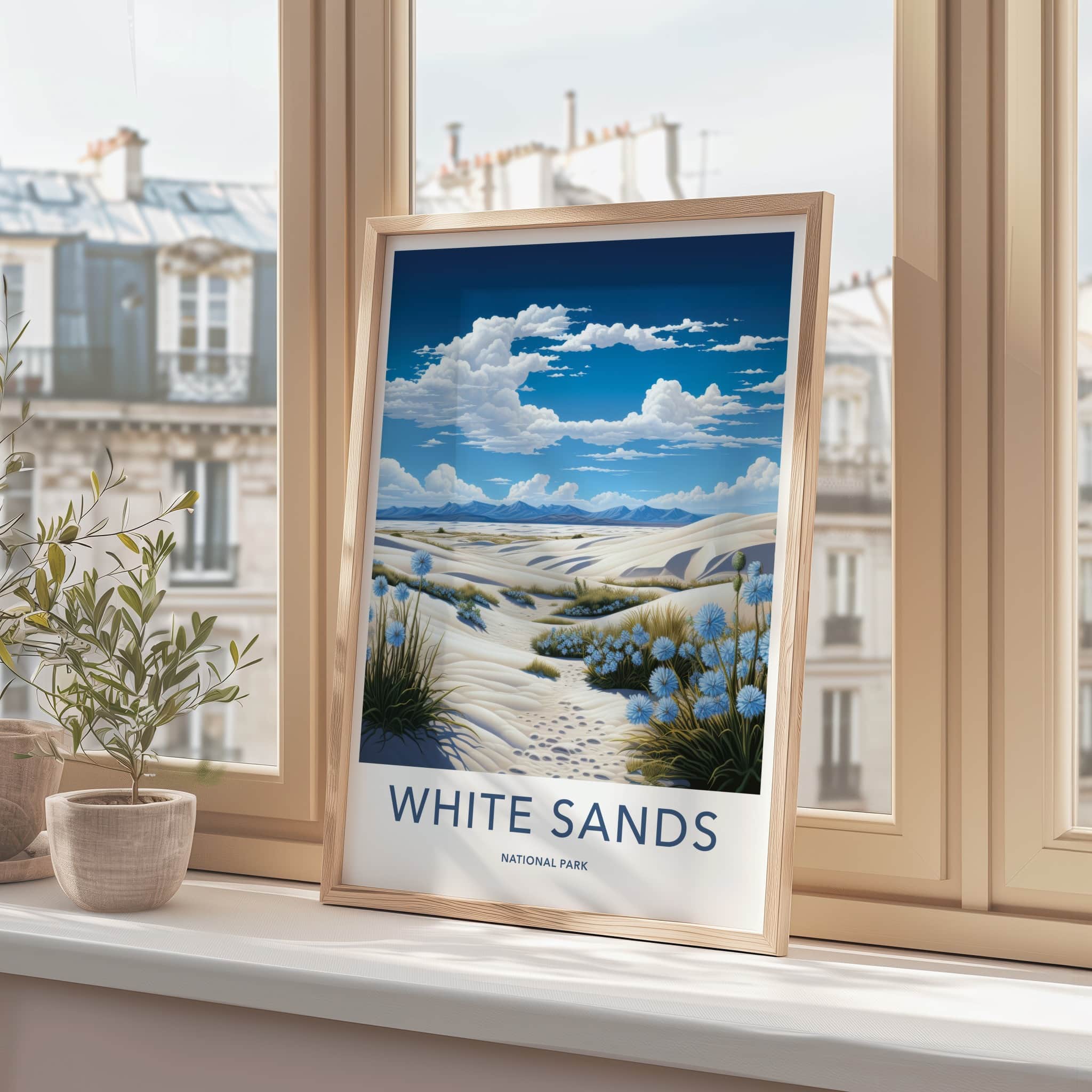 White Sands National Park Poster - New Mexico Travel Art - Dunes Blue Flowers Home Decor