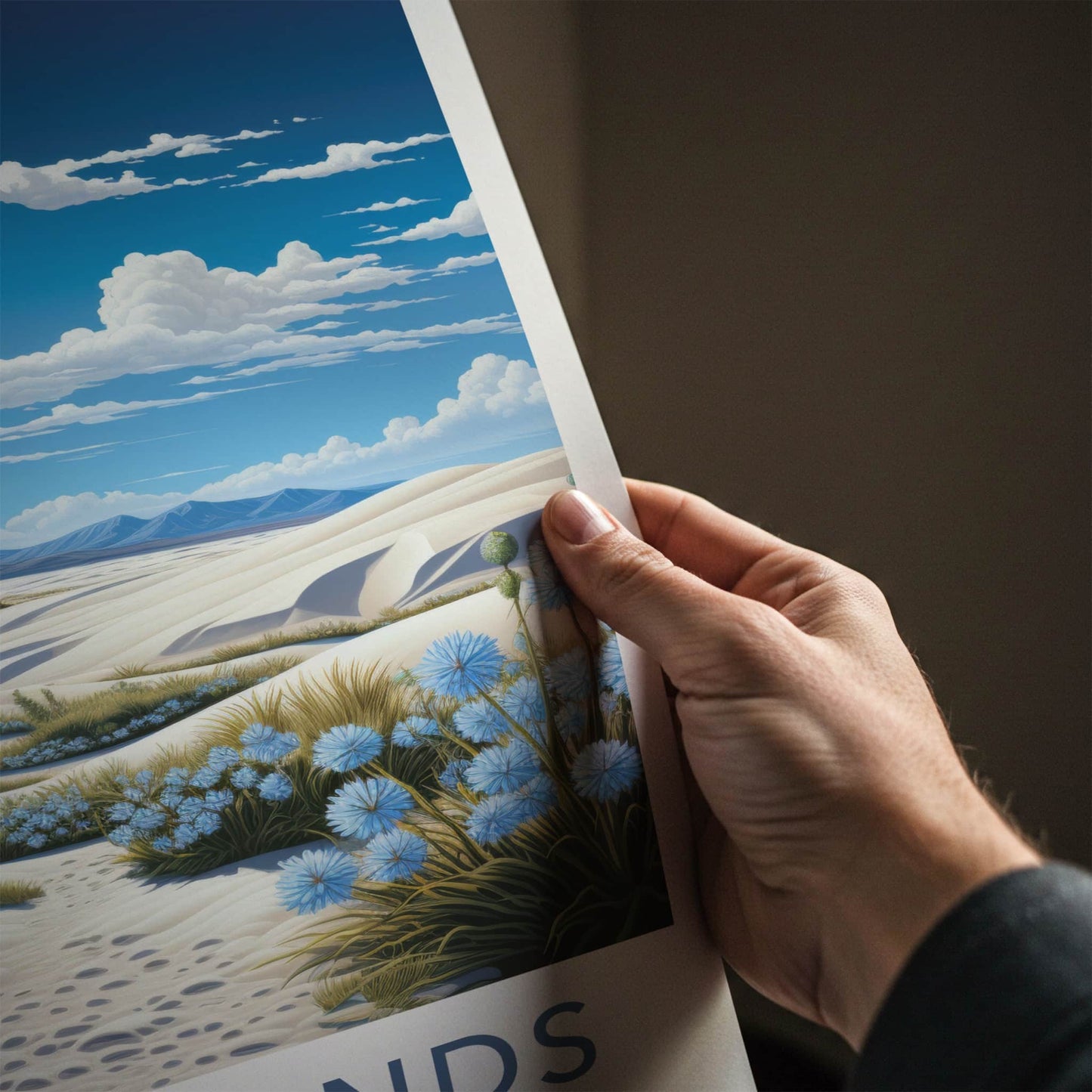 White Sands National Park Poster - New Mexico Travel Art - Dunes Blue Flowers Home Decor