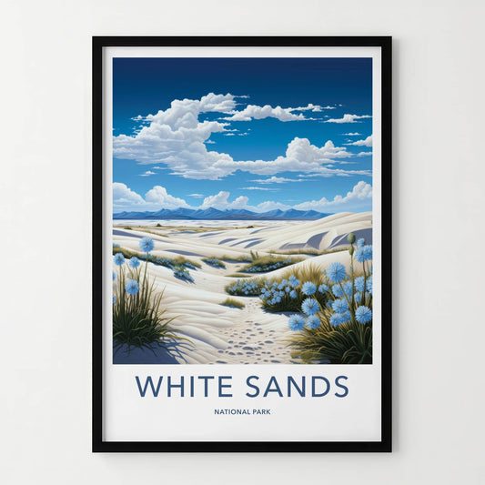 White Sands National Park Poster - New Mexico Travel Art - Dunes Blue Flowers Home Decor