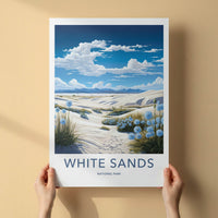 White Sands National Park Poster - New Mexico Travel Art - Dunes Blue Flowers Home Decor