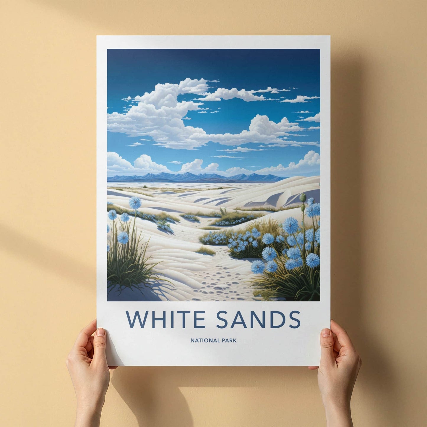 White Sands National Park Poster - New Mexico Travel Art - Dunes Blue Flowers Home Decor