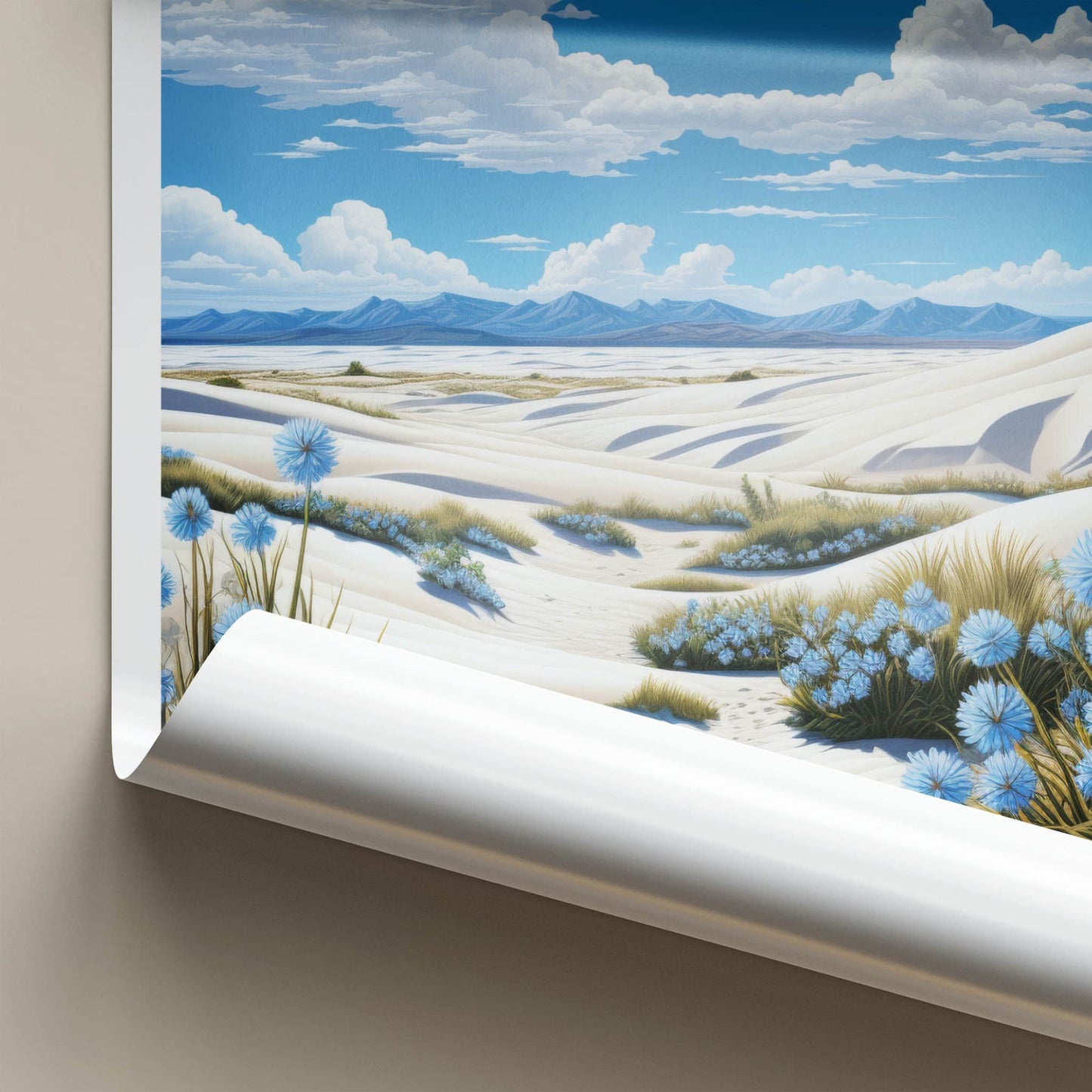 White Sands National Park Poster - New Mexico Travel Art - Dunes Blue Flowers Home Decor