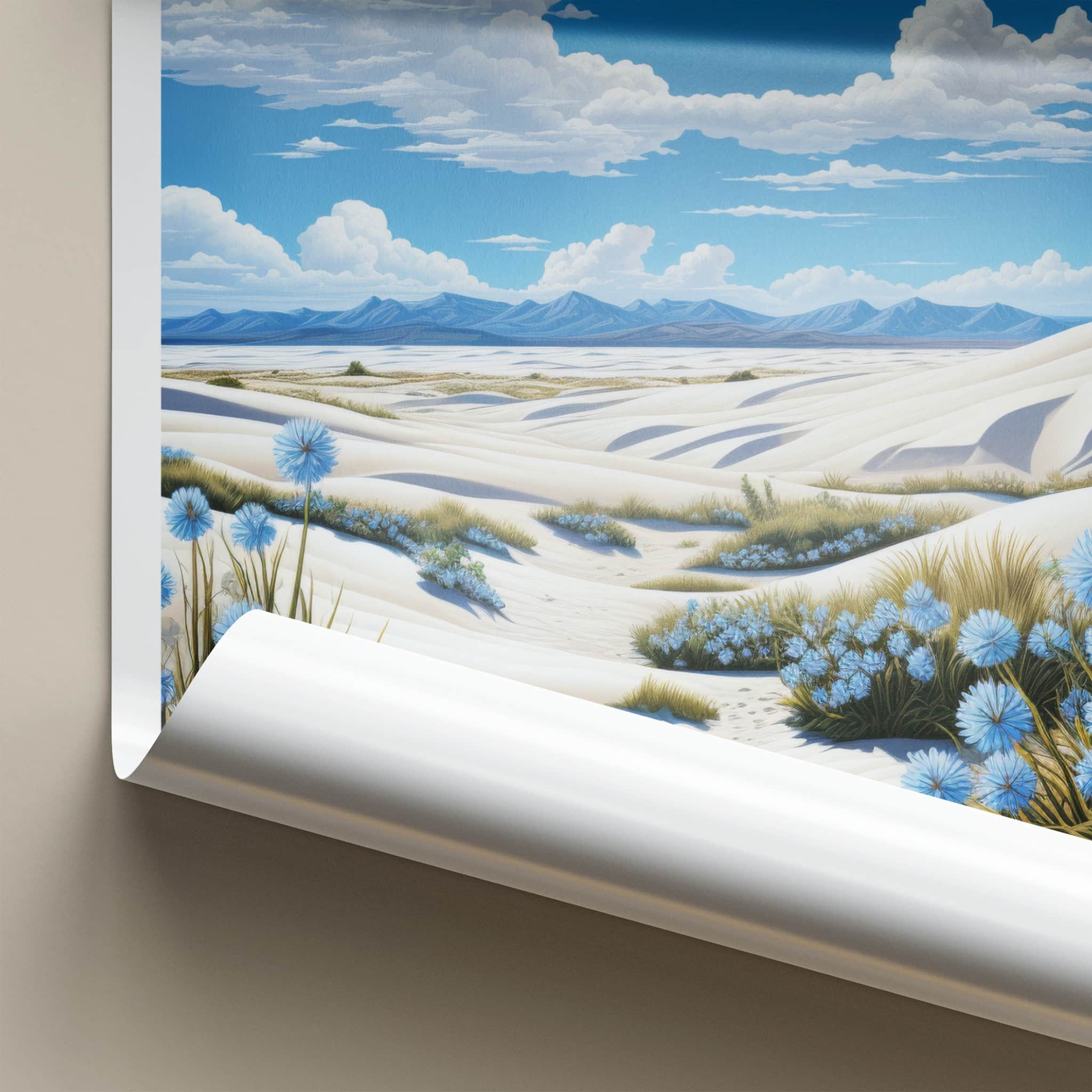 White Sands National Park Poster - New Mexico Travel Art - Dunes Blue Flowers Home Decor
