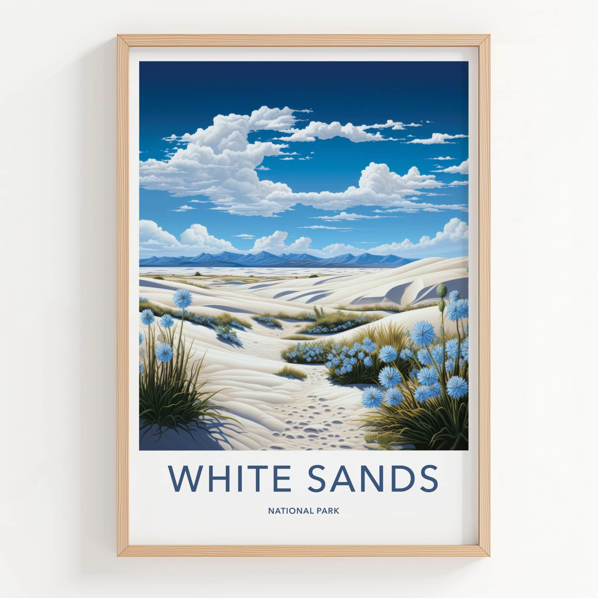 White Sands National Park Poster - New Mexico Travel Art - Dunes Blue Flowers Home Decor