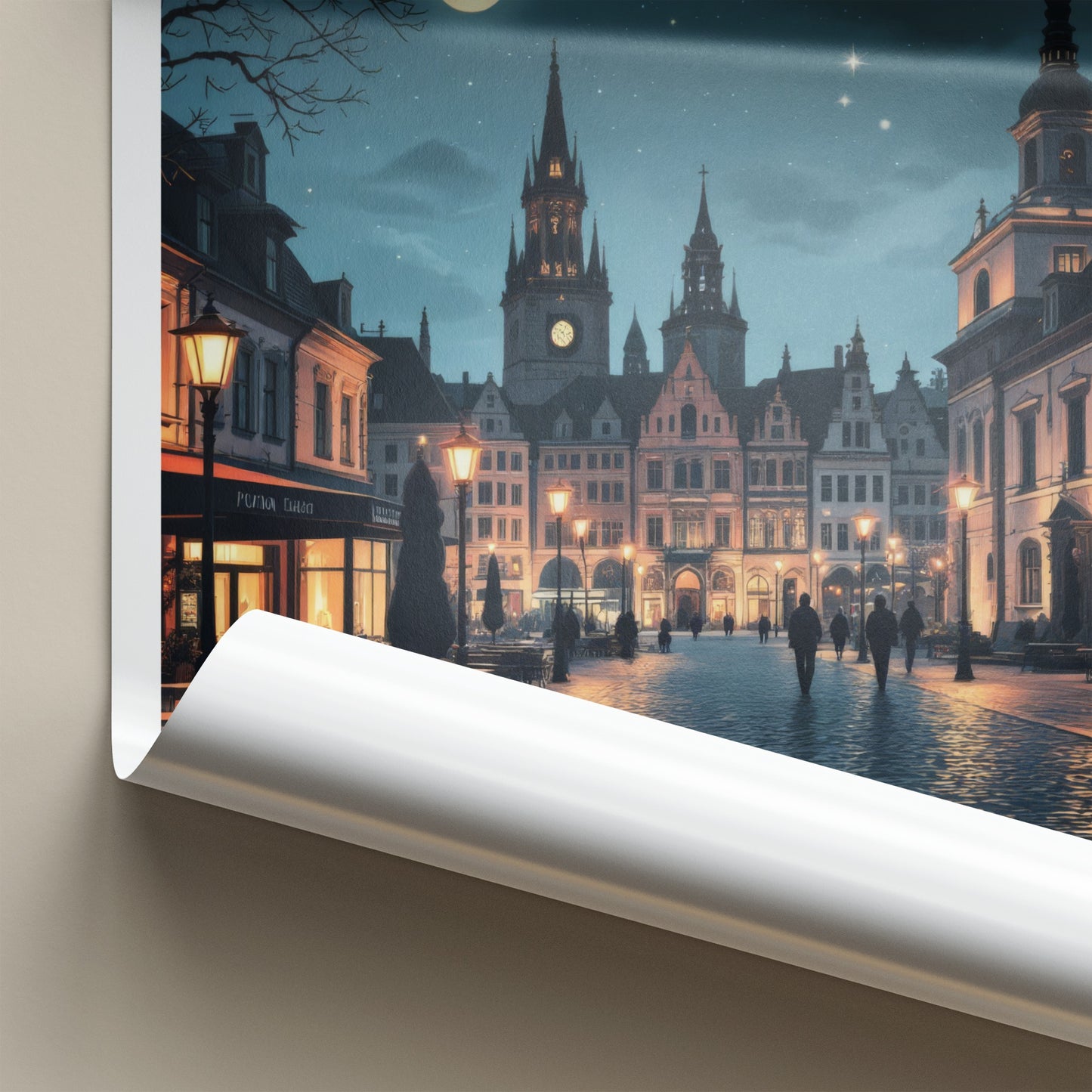 Wielkopolska Poster - Poland Travel Art - Cobblestone Street Moonlight Home Decor