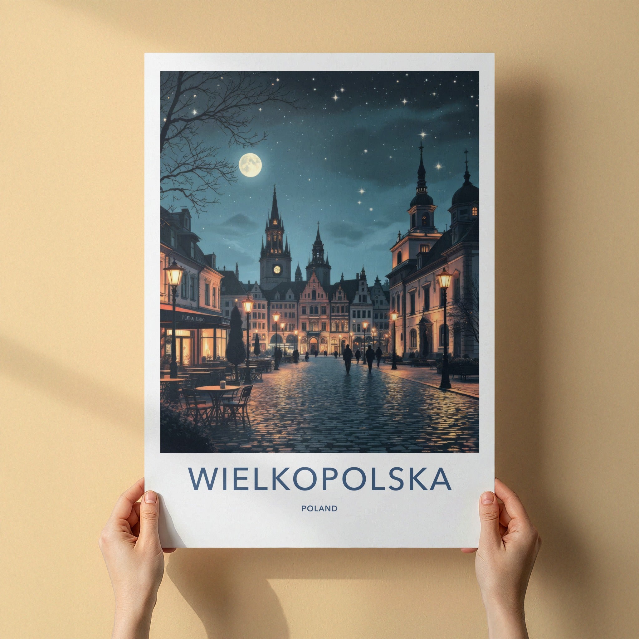 Wielkopolska Poster - Poland Travel Art - Cobblestone Street Moonlight Home Decor