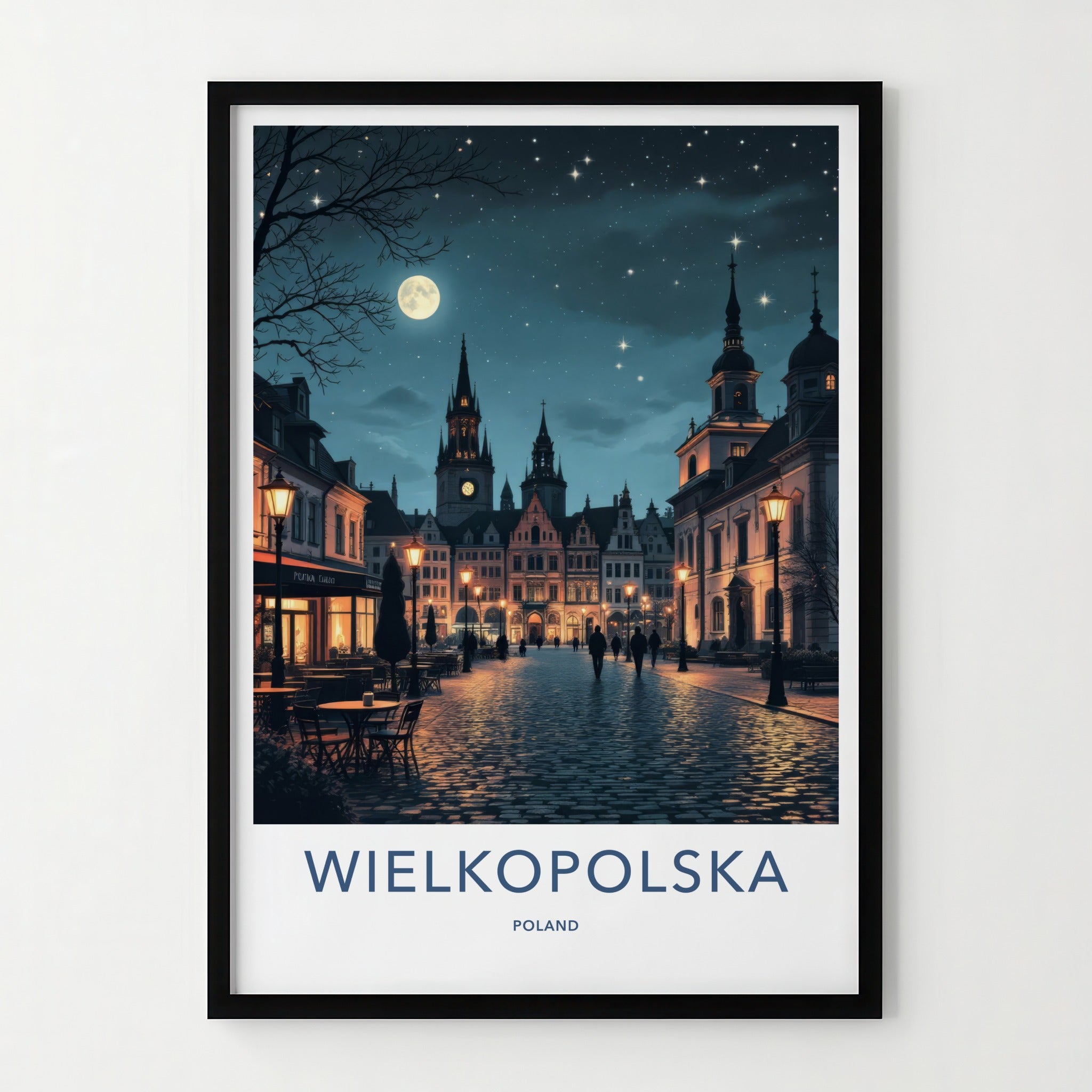 Wielkopolska Poster - Poland Travel Art - Cobblestone Street Moonlight Home Decor