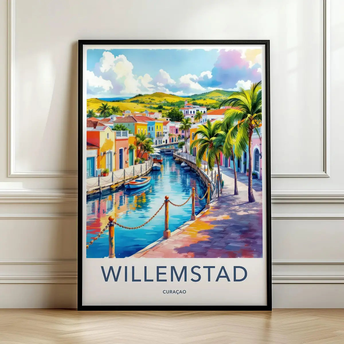 Framed artwork of Willemsstad, Curacao with colorful buildings and palm trees.
