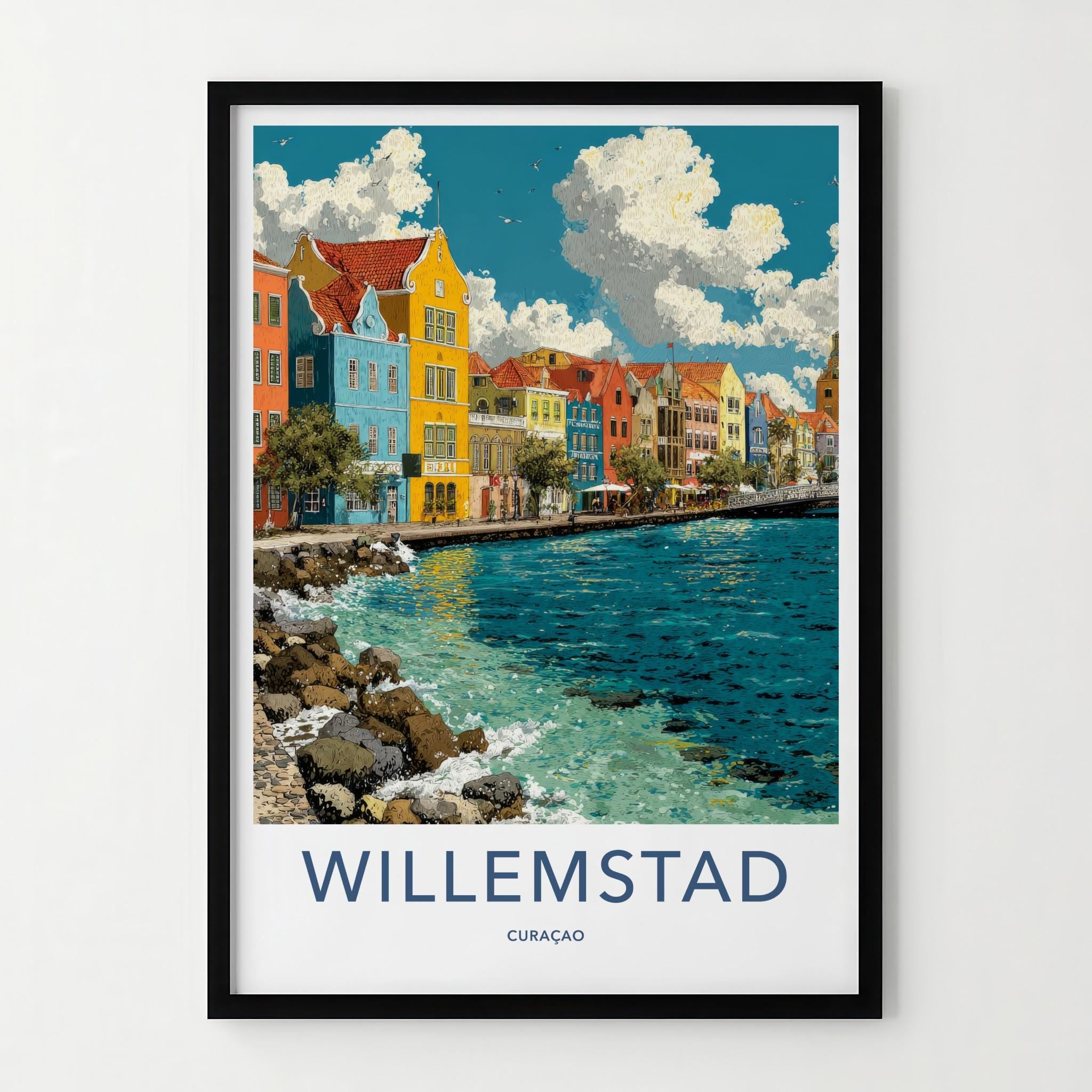 Willemstad Poster - Curacao Travel Art - Colorful Canal Buildings Home Decor