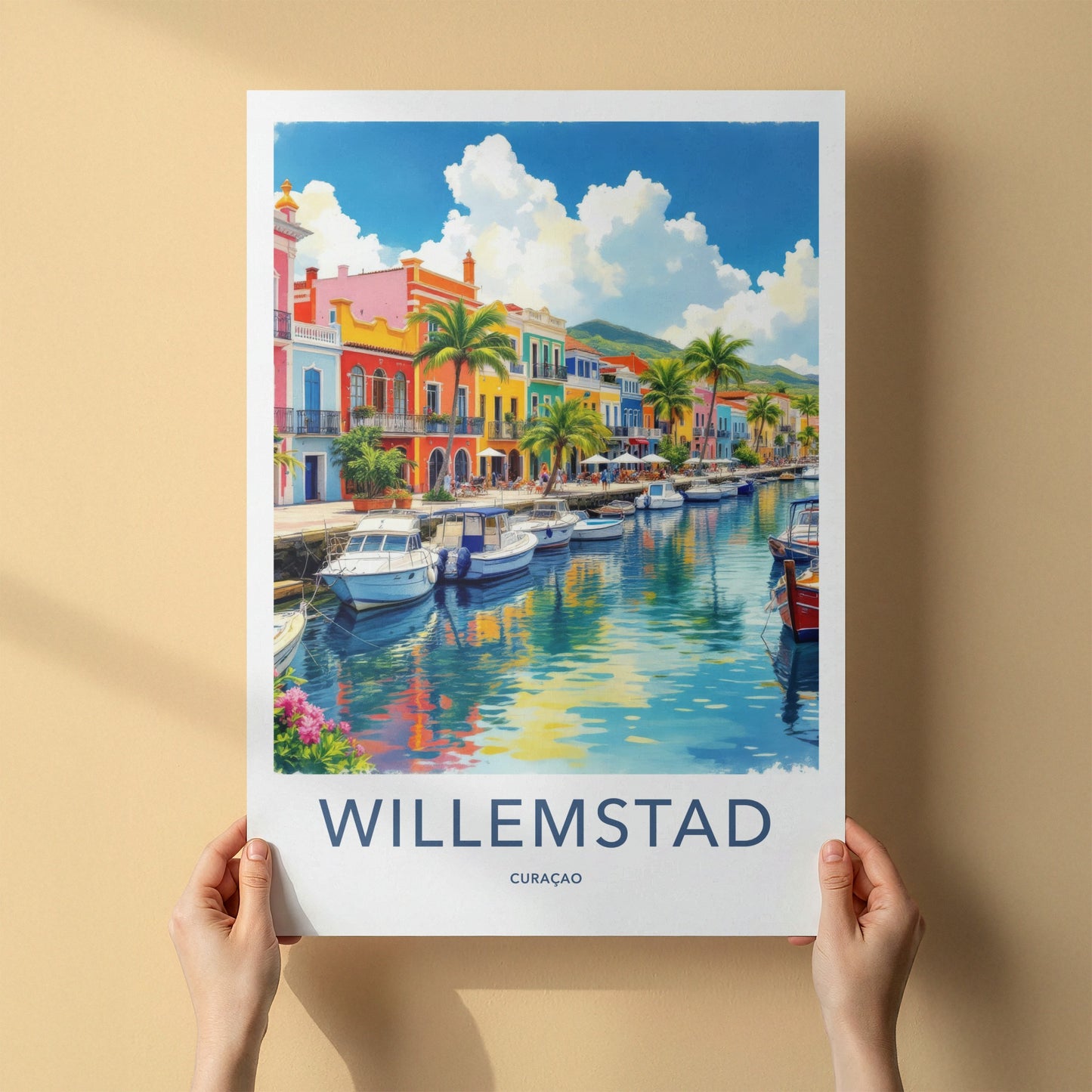 Willemstad Poster - Curacao Travel Art - Colorful Canal Waterfront Home Decor