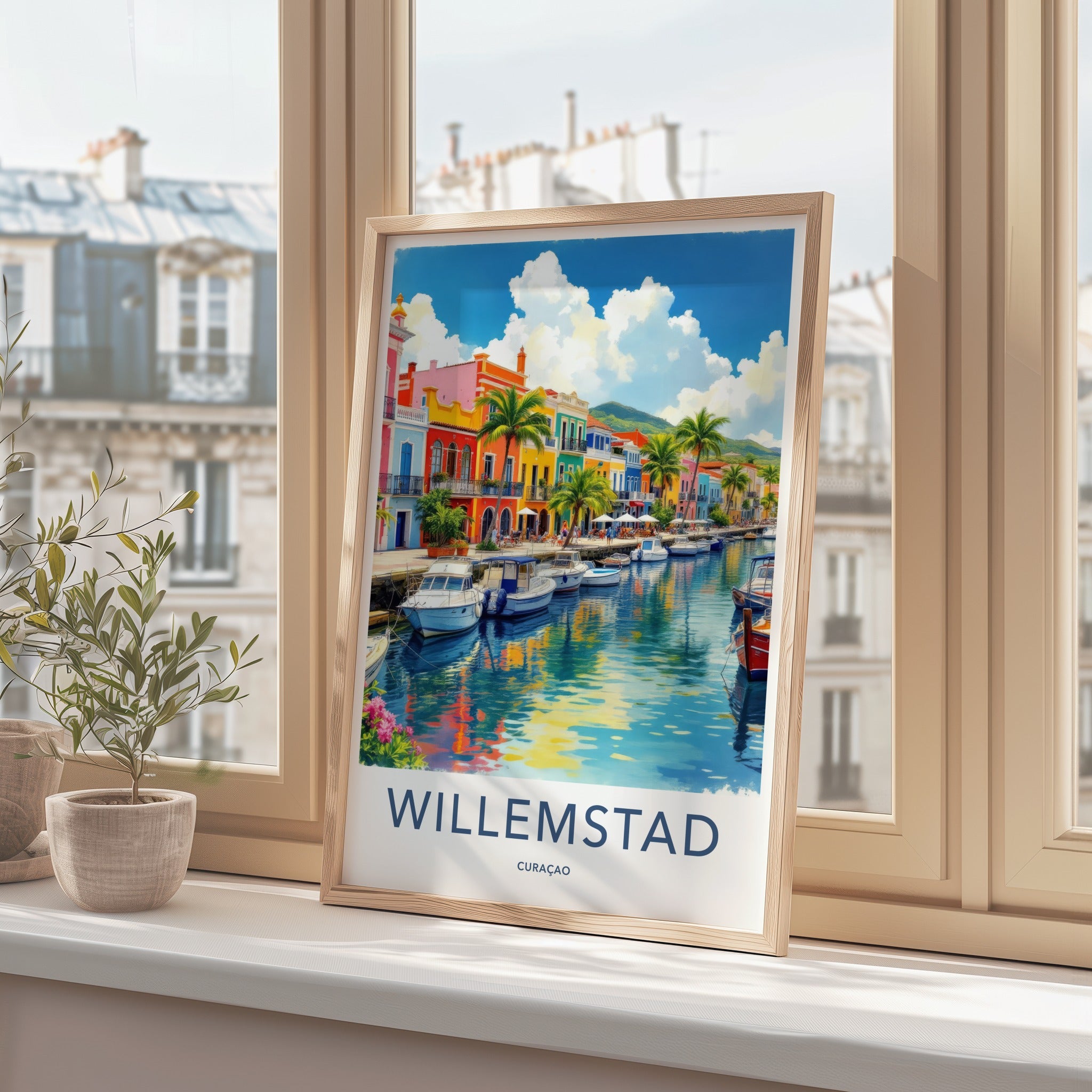 Willemstad Poster - Curacao Travel Art - Colorful Canal Waterfront Home Decor