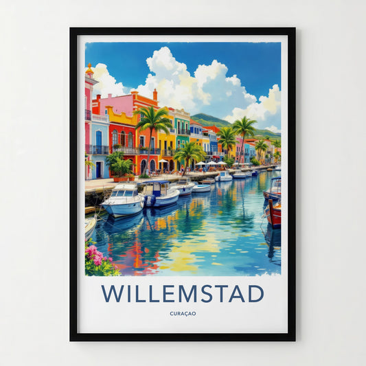 Willemstad Poster - Curacao Travel Art - Colorful Canal Waterfront Home Decor