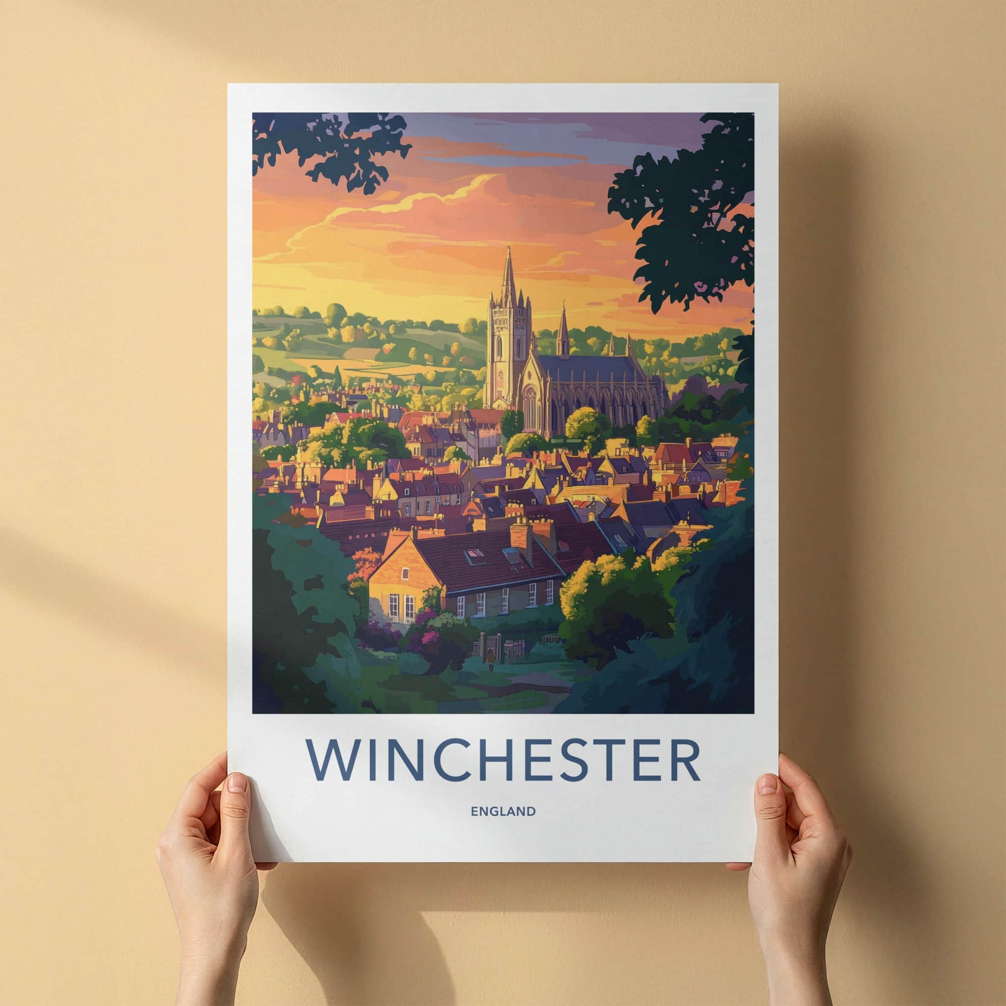 Winchester Poster - England Travel Art - Sunset City Cathedral Home Decor