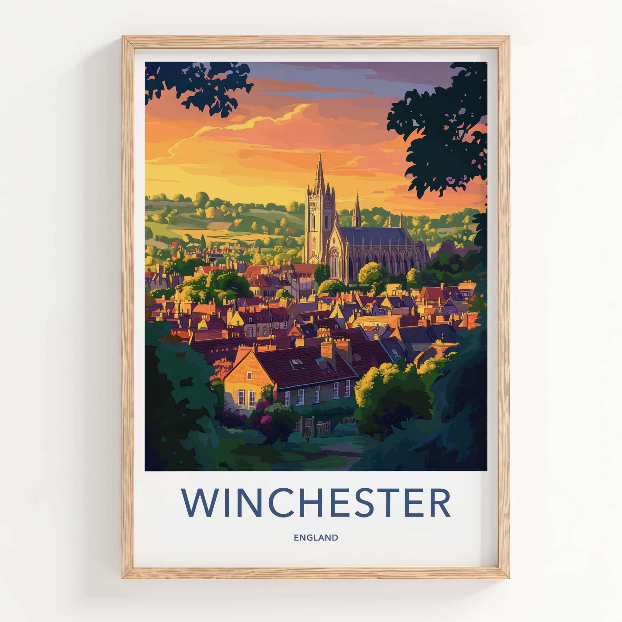 Winchester Poster - England Travel Art - Sunset City Cathedral Home Decor