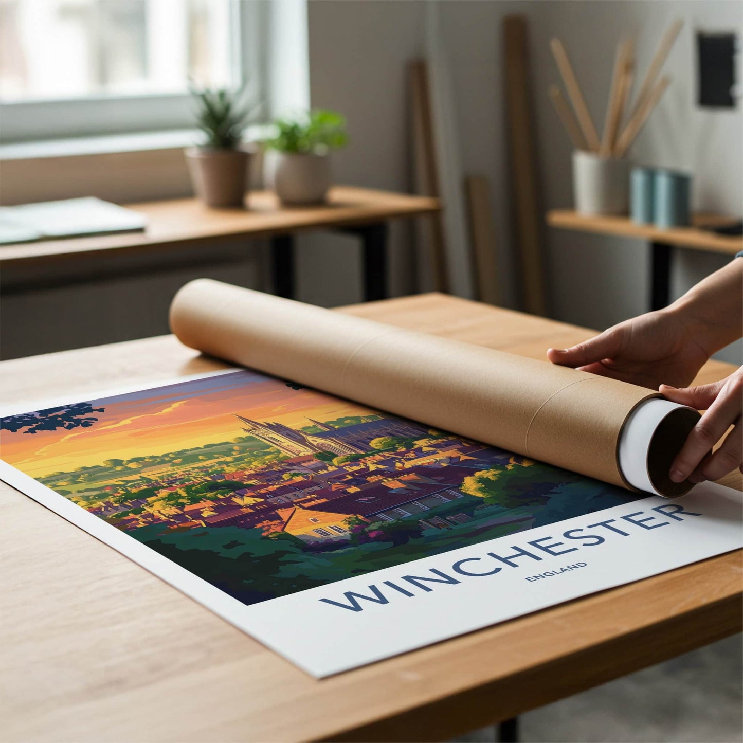 Winchester Poster - England Travel Art - Sunset City Cathedral Home Decor
