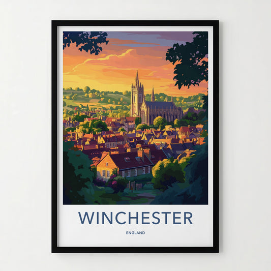 Winchester Poster - England Travel Art - Sunset City Cathedral Home Decor