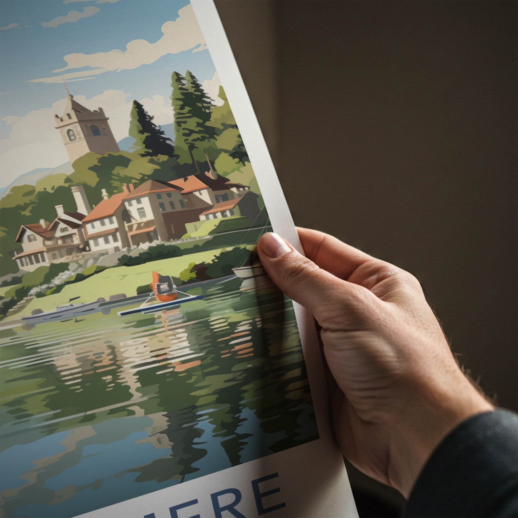 Windermere Poster - England Travel Art - Lakeside Village Church Home Decor