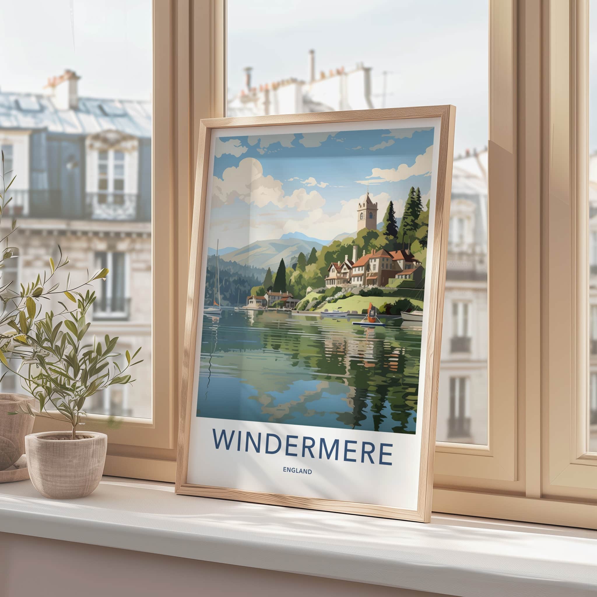 Windermere Poster - England Travel Art - Lakeside Village Church Home Decor