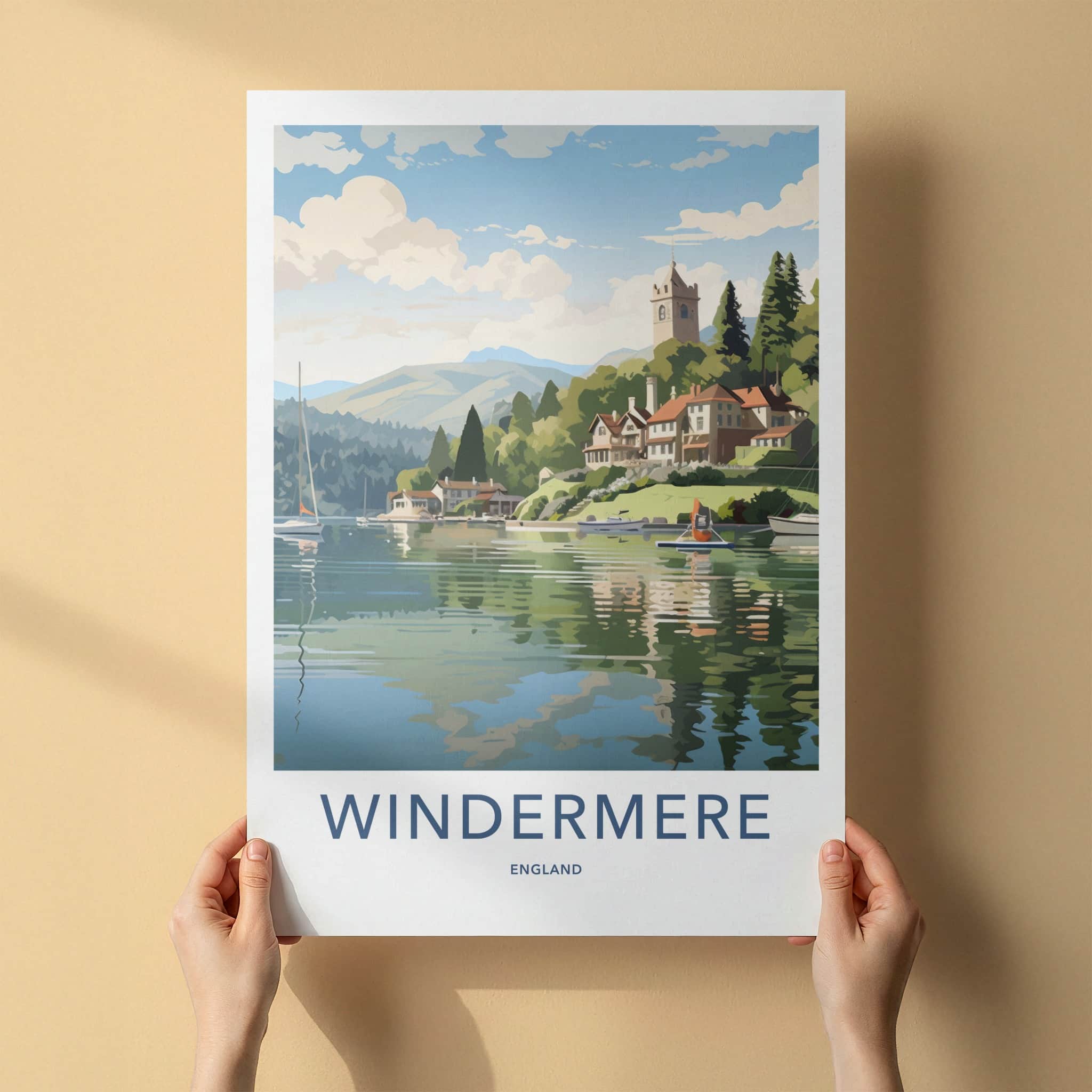 Windermere Poster - England Travel Art - Lakeside Village Church Home Decor