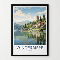 Windermere Poster - England Travel Art - Lakeside Village Church Home Decor