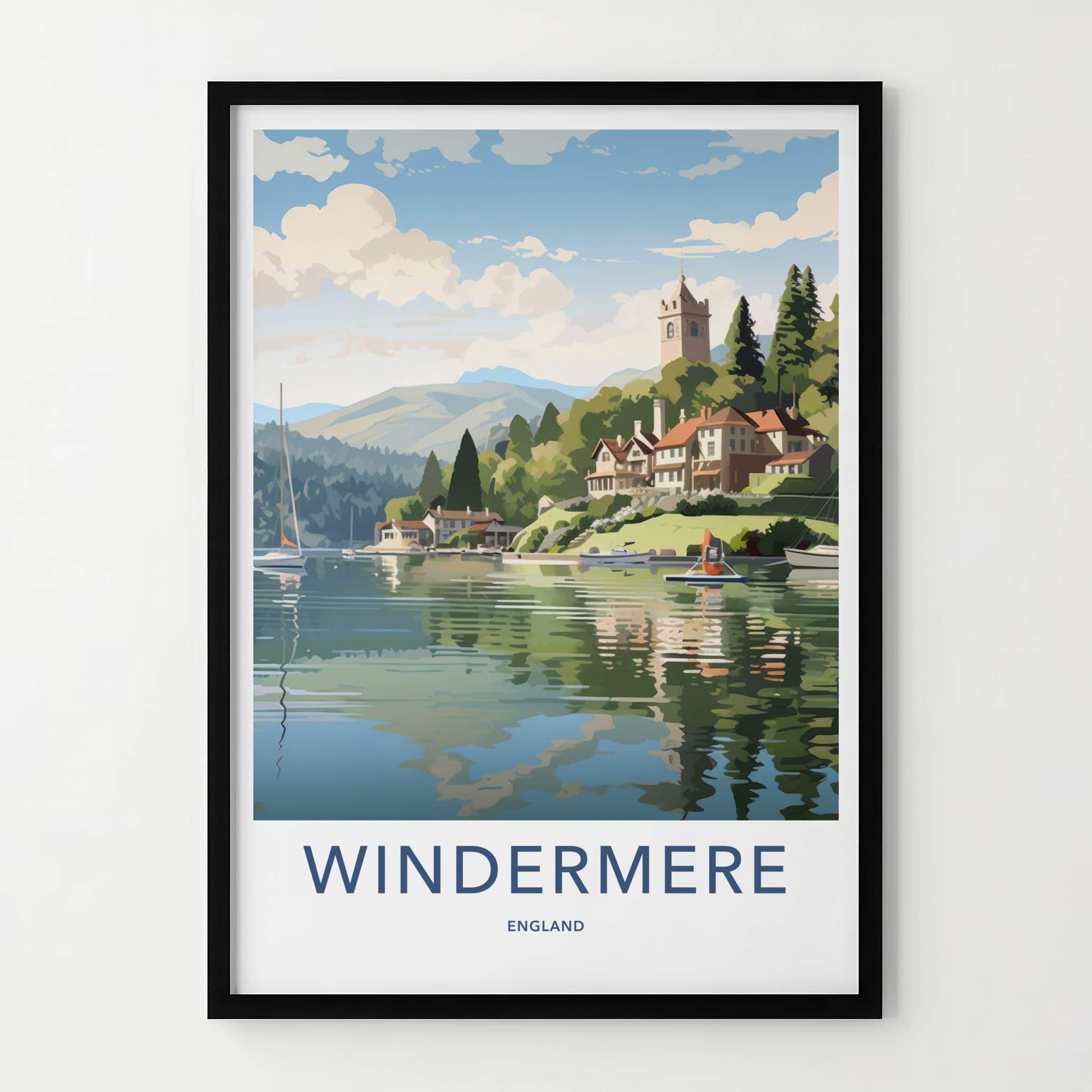 Windermere Poster - England Travel Art - Lakeside Village Church Home Decor