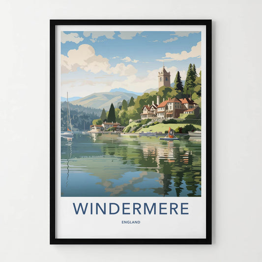 Windermere Poster - England Travel Art - Lakeside Village Church Home Decor